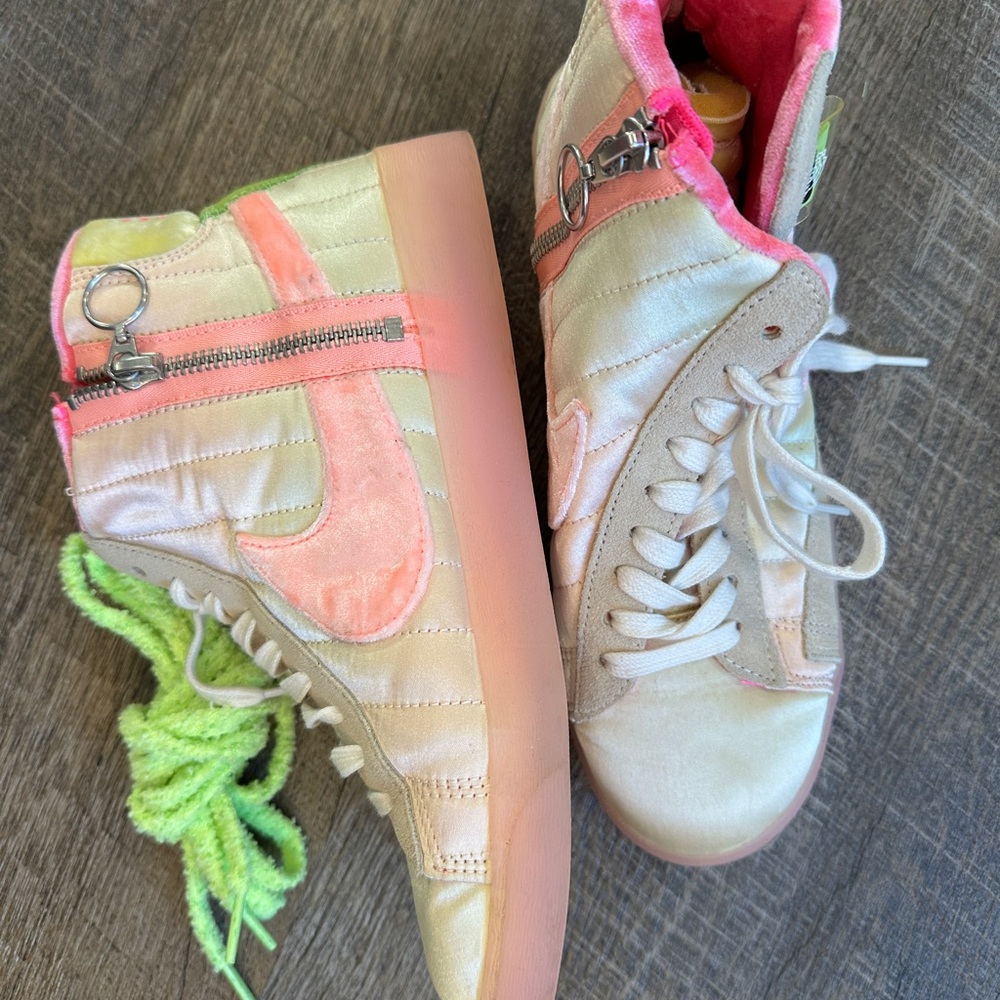 Nike Women’s High-Top Athletic Sneakers in Pink and White with Neon Green Accent